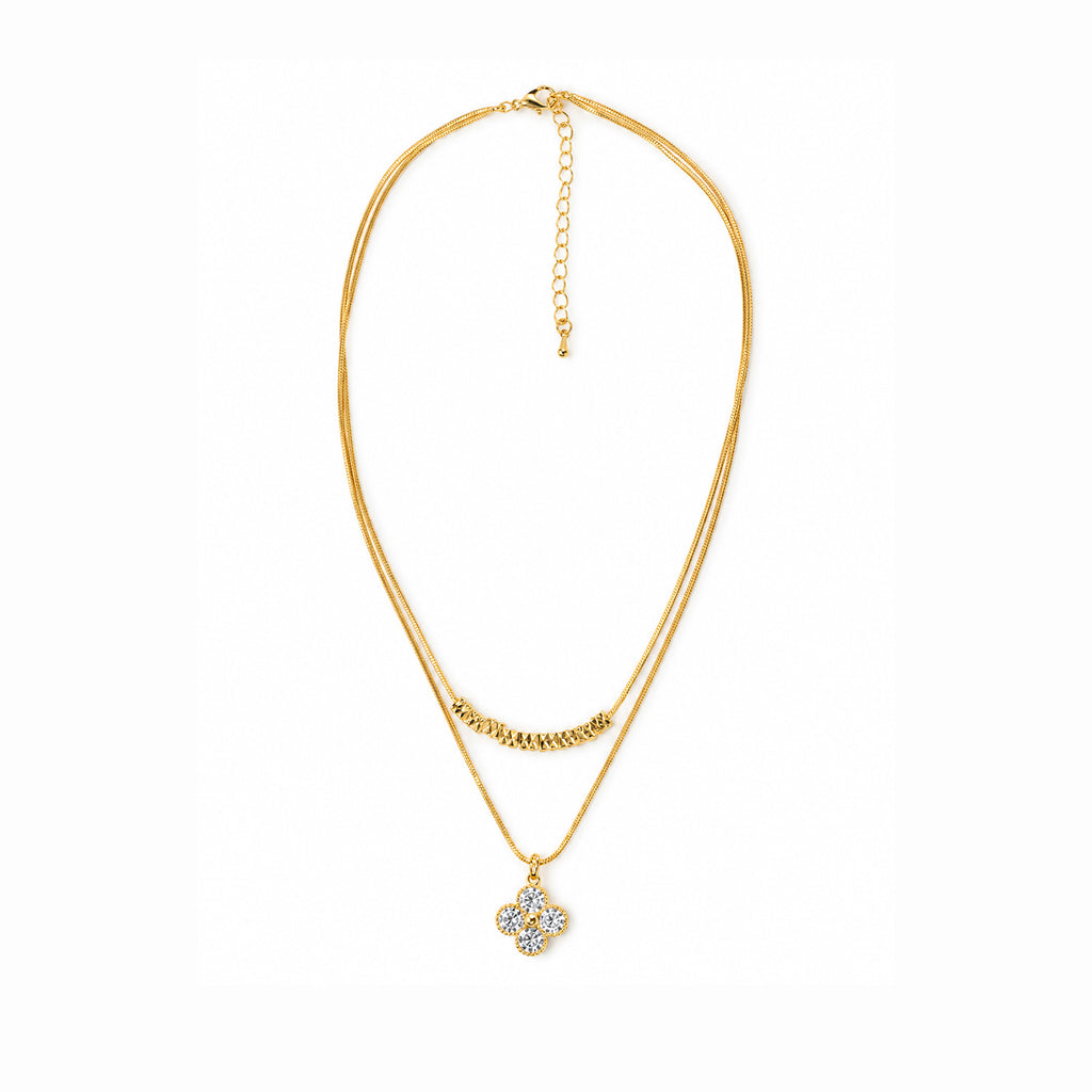 Women's Gold-Toned Double-Layered White Stone-Studded Floral Pendant Necklace