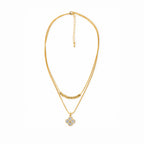 Women's Gold-Toned Double-Layered White Stone-Studded Floral Pendant Necklace