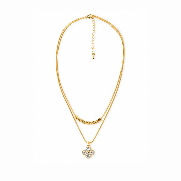 Women's Gold-Toned Double-Layered White Stone-Studded Floral Pendant Necklace