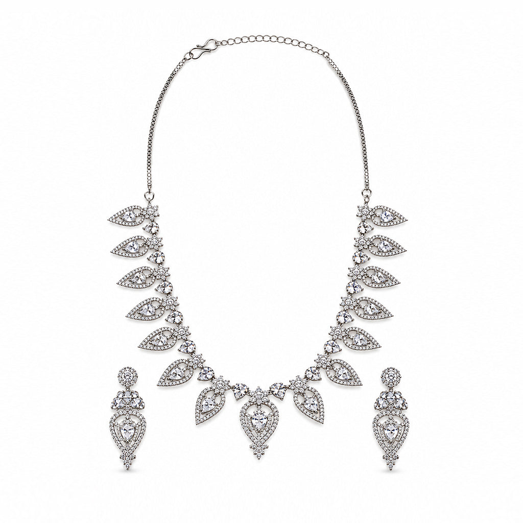 Silver-Toned American Diamond Leaf Drop Necklace