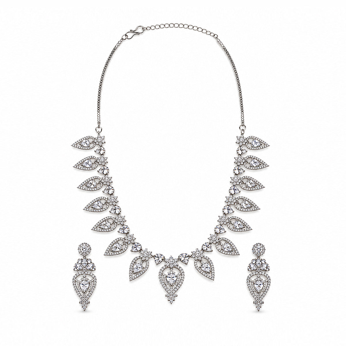 Silver-Toned American Diamond Leaf Drop Necklace