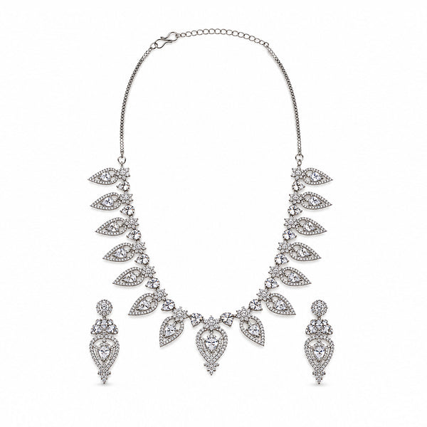 Silver-Toned American Diamond Leaf Drop Necklace