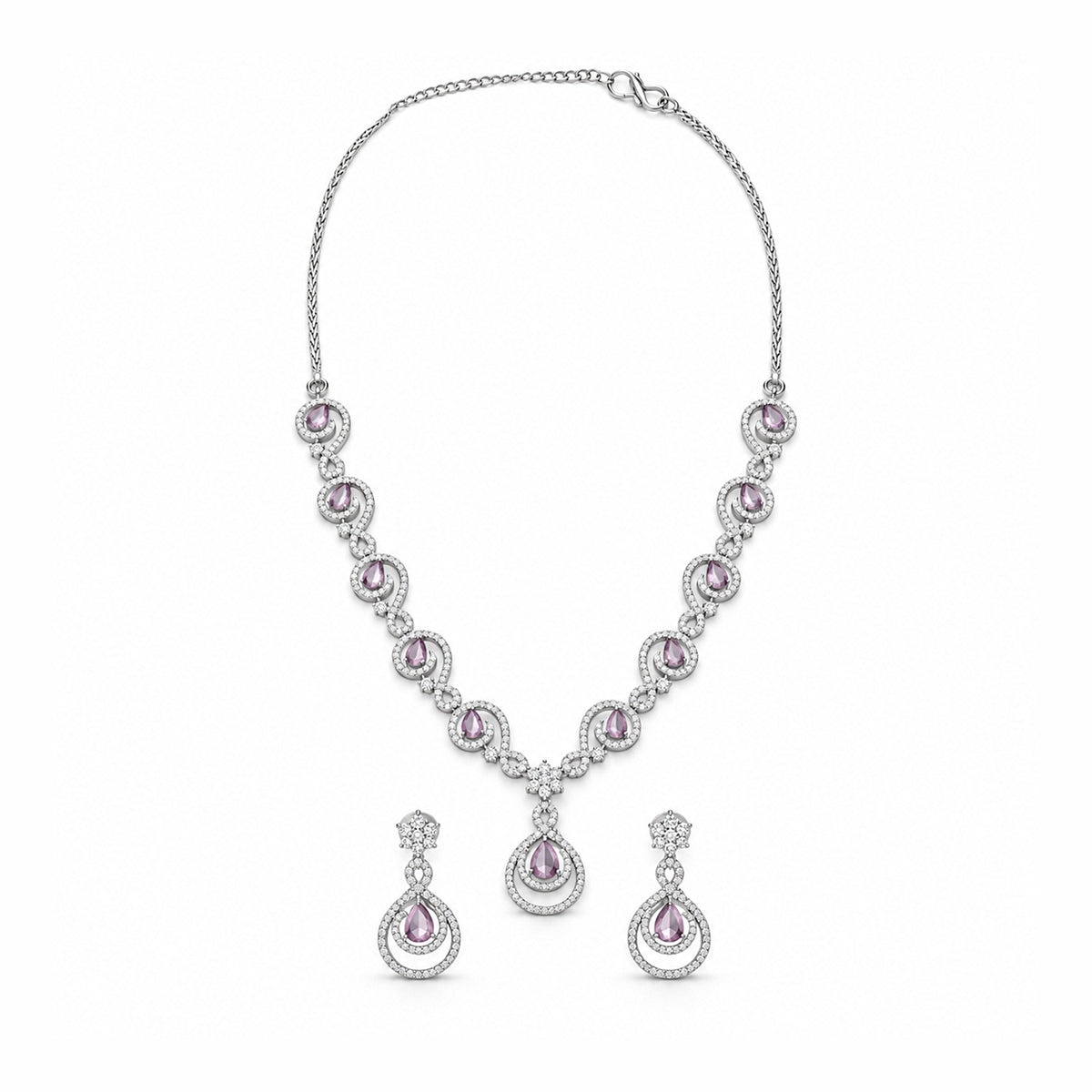 Women's Elegant Silver-Toned Pink Stone- Necklace