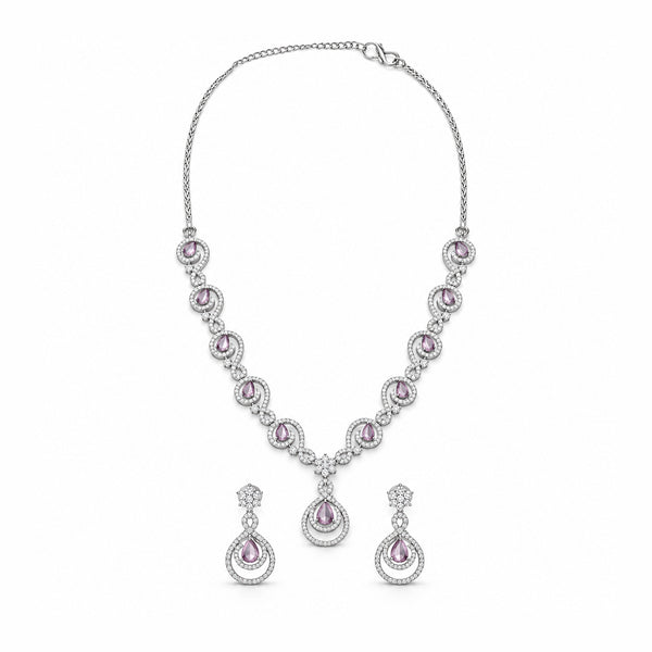 Women's Elegant Silver-Toned Pink Stone- Necklace