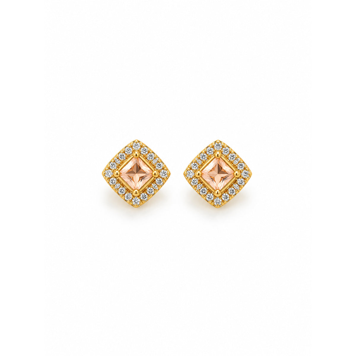 Gold Peach Crystal Square Stud Earrings