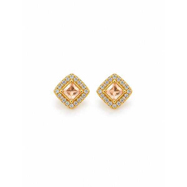 Gold Peach Crystal Square Stud Earrings