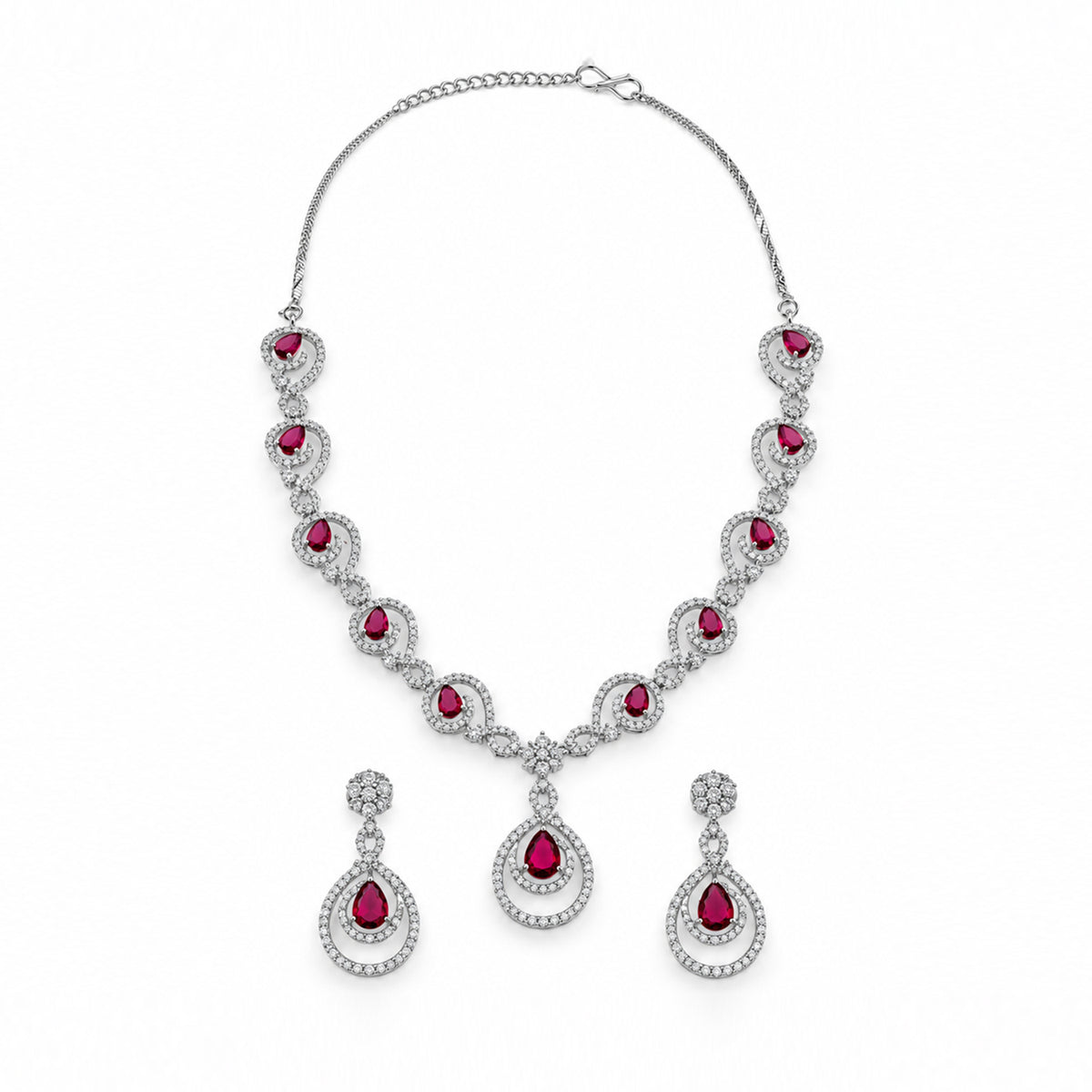 Silver-Toned Ruby Red Stone-Studded Necklace