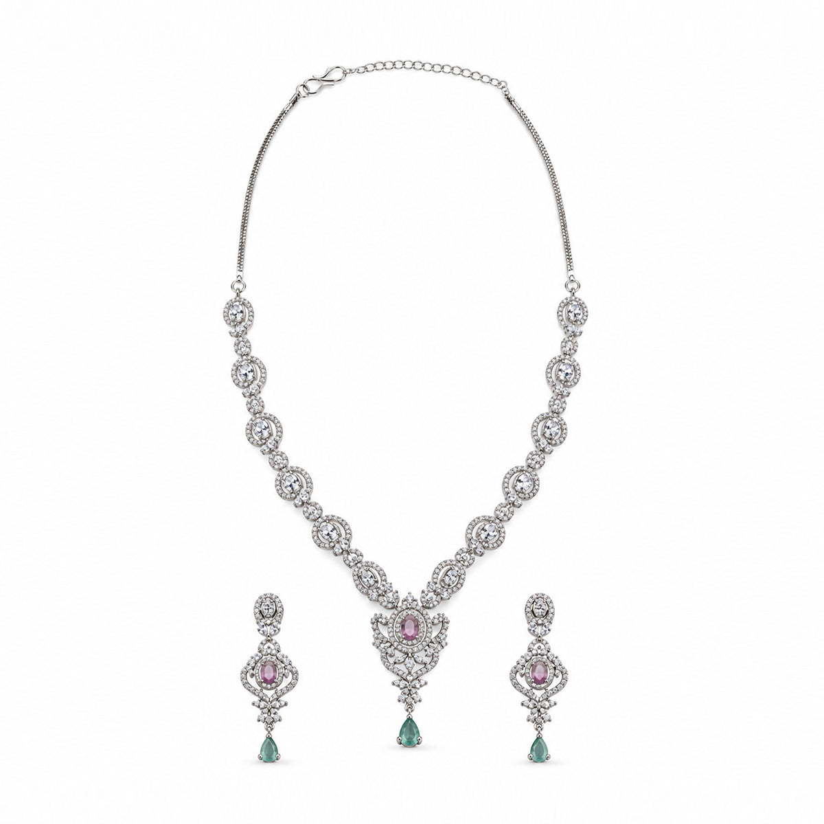 Silver-Toned Pink & Green Stone-Studded Necklace