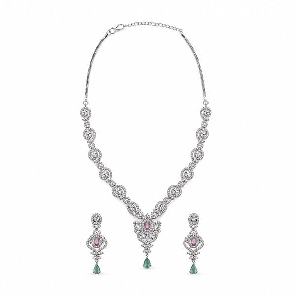 Silver-Toned Pink & Green Stone-Studded Necklace