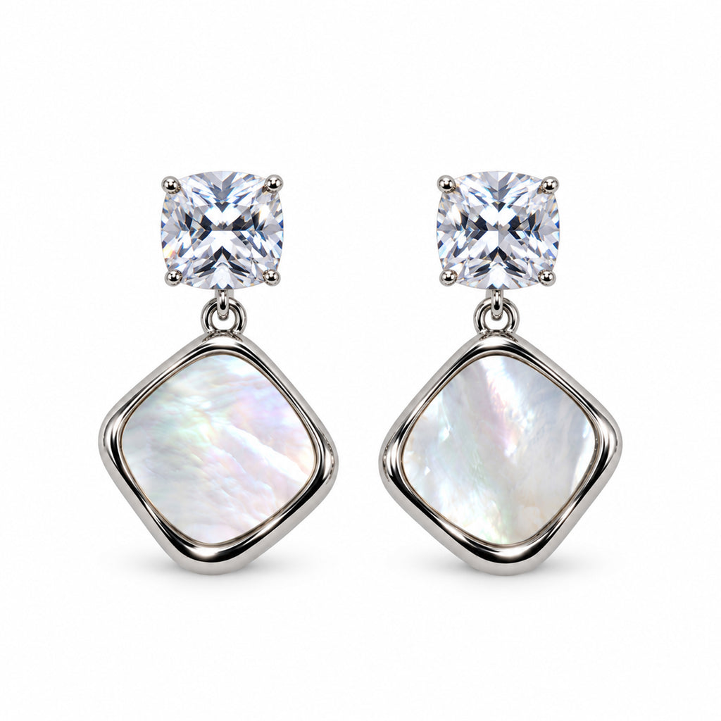 Silver-Toned Crystal Studded Mother of Pearl Look Geometric Drop Earrings
