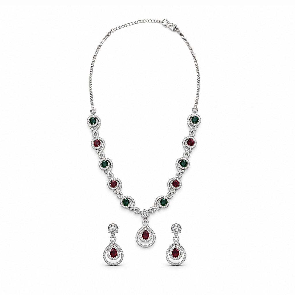Women's Elegant Silver-Toned Red & Green Stone-Necklace