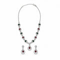 Women's Elegant Silver-Toned Red & Green Stone-Necklace