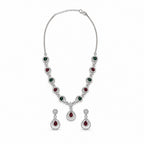 Women's Elegant Silver-Toned Red & Green Stone-Necklace