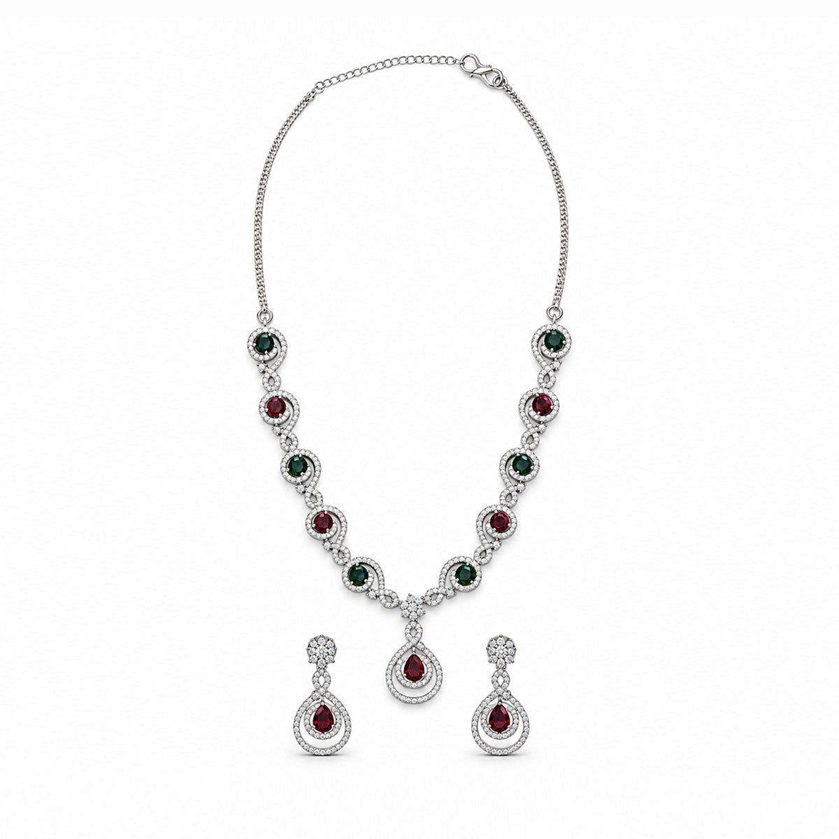 Women's Elegant Silver-Toned Red & Green Stone-Necklace