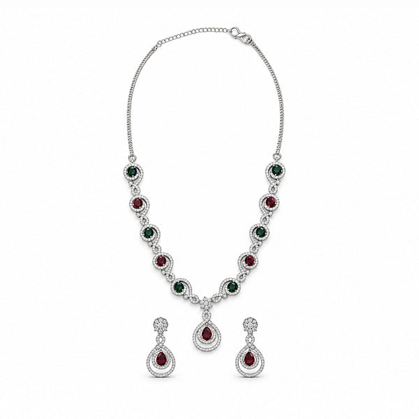Women's Elegant Silver-Toned Red & Green Stone-Necklace