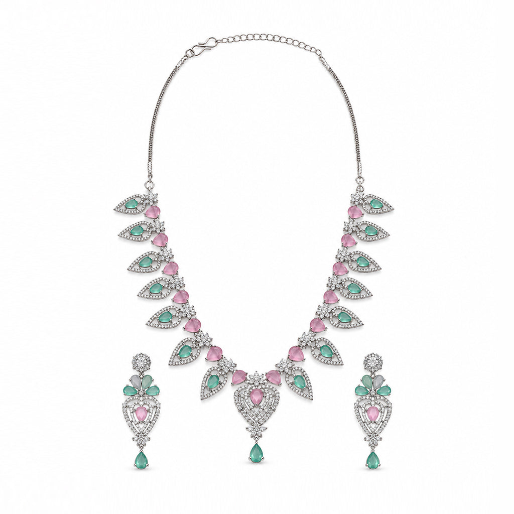 Silver-Toned Pink & Green Stone-Studded Leaf Design Necklace