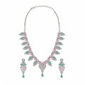 Silver-Toned Pink & Green Stone-Studded Leaf Design Necklace