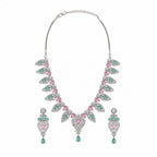 Silver-Toned Pink & Green Stone-Studded Leaf Design Necklace