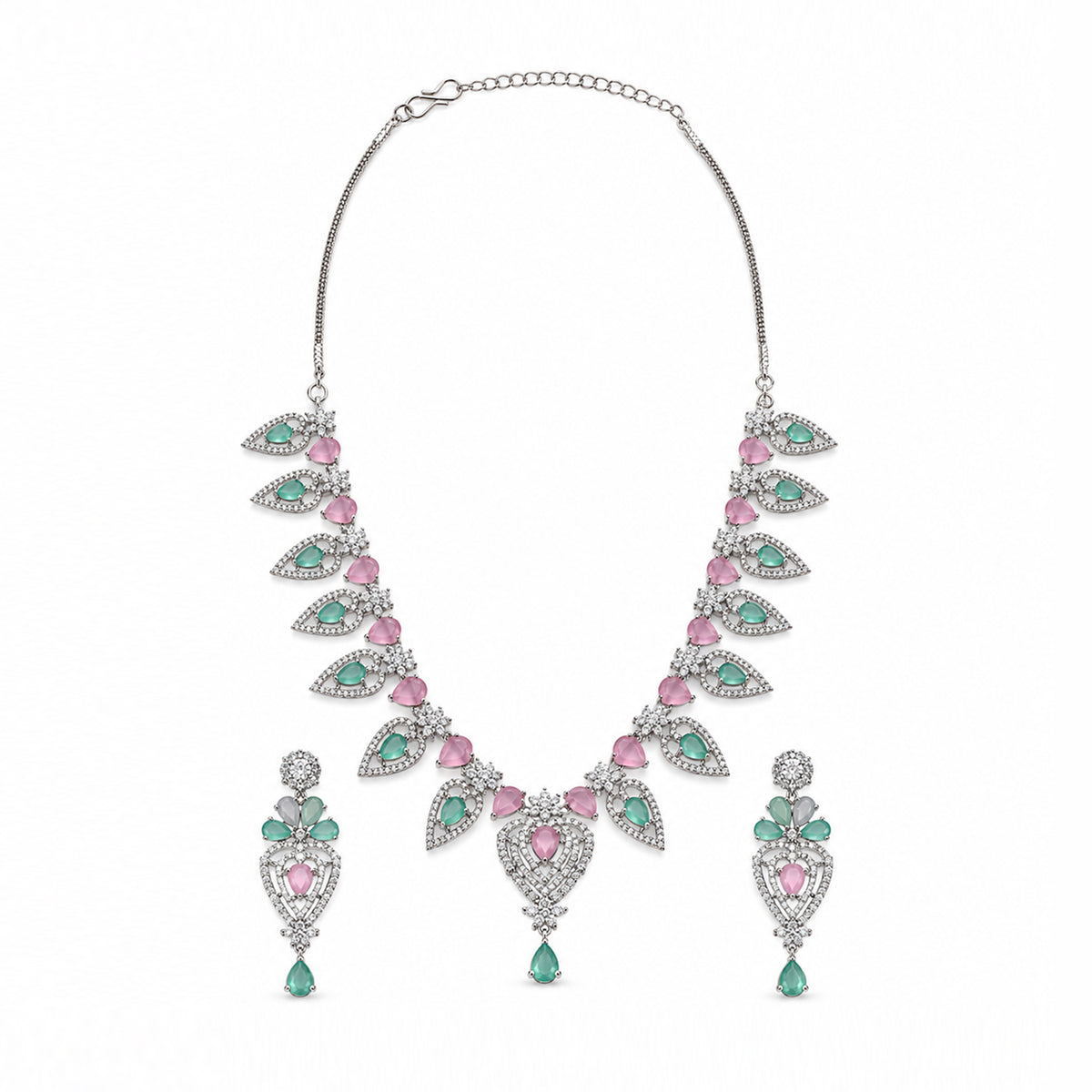 Silver-Toned Pink & Green Stone-Studded Leaf Design Necklace