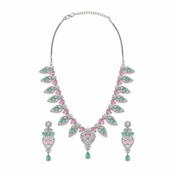 Silver-Toned Pink & Green Stone-Studded Leaf Design Necklace