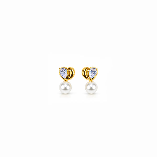 Women's Gold-Toned Crystal Studded Heart-Shaped Pearl Drop Earrings