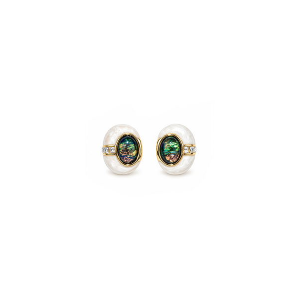 Women's Gold-Toned Multicoloured Oval Stone-Studded Pearl-Effect Statement Stud Earrings