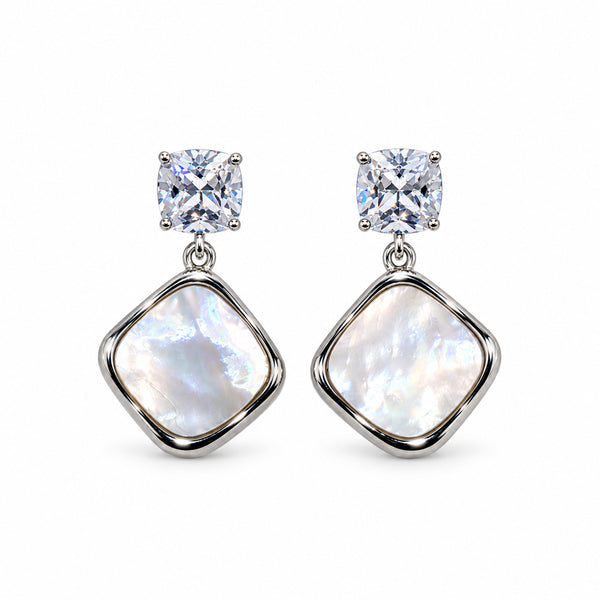 Elegant Silver-Toned Crystal Stud & Mother-of-Pearl Drop Earrings