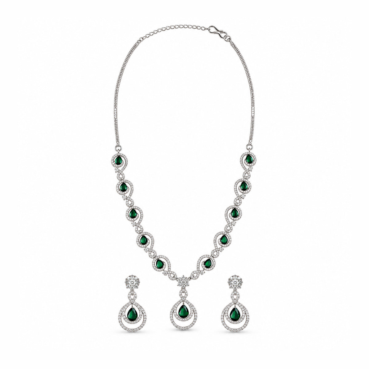Women's Elegant Silver-Toned Emerald Green  Necklace