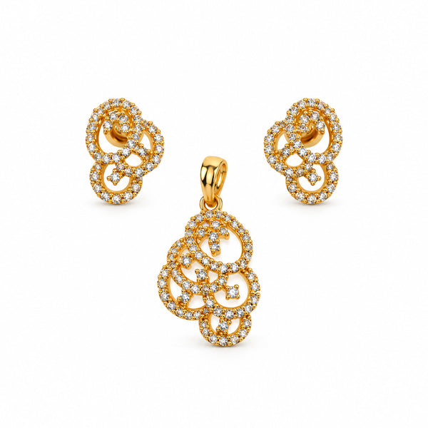 Elegant Gold-Toned Floral Swirl Crystal-Studded Pendant & Earrings Jewellery Set