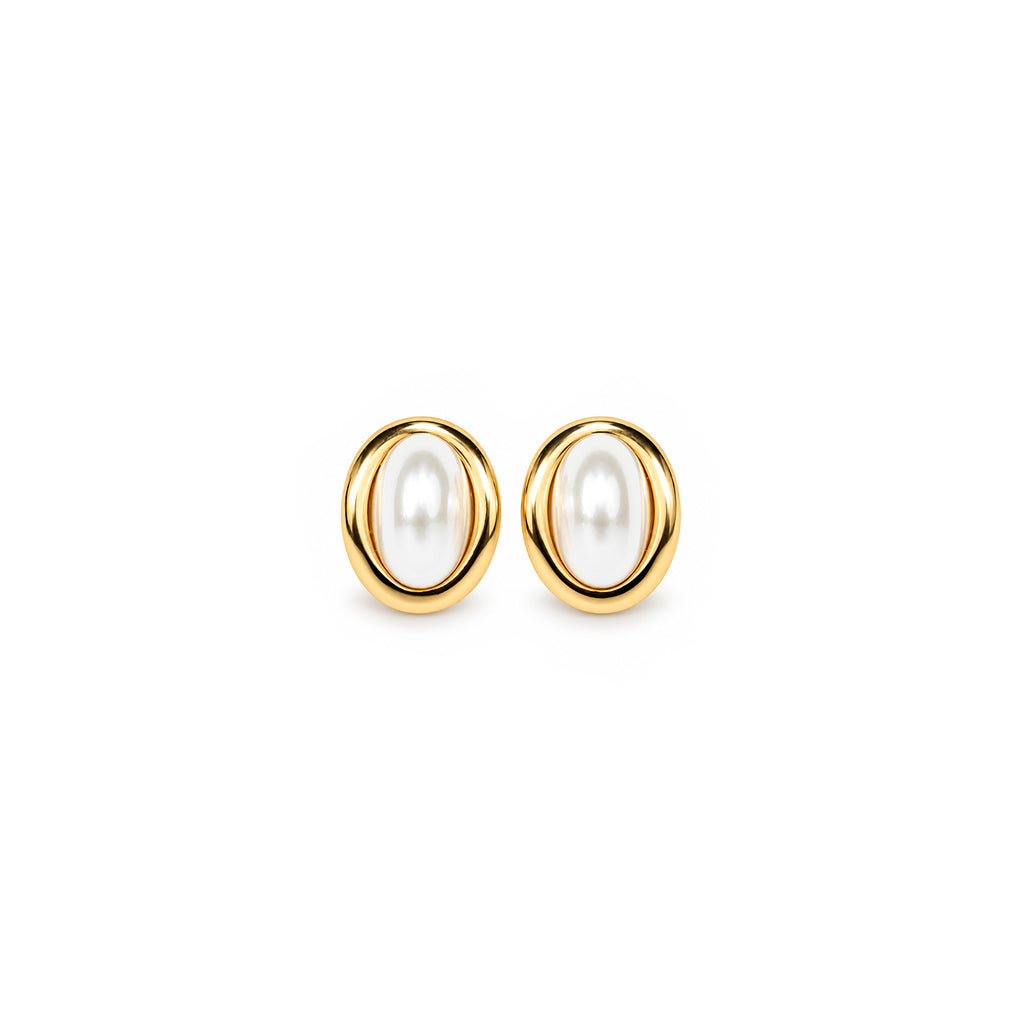 Women's Gold-Toned Oval White Pearl-Effect Statement Stud Earrings