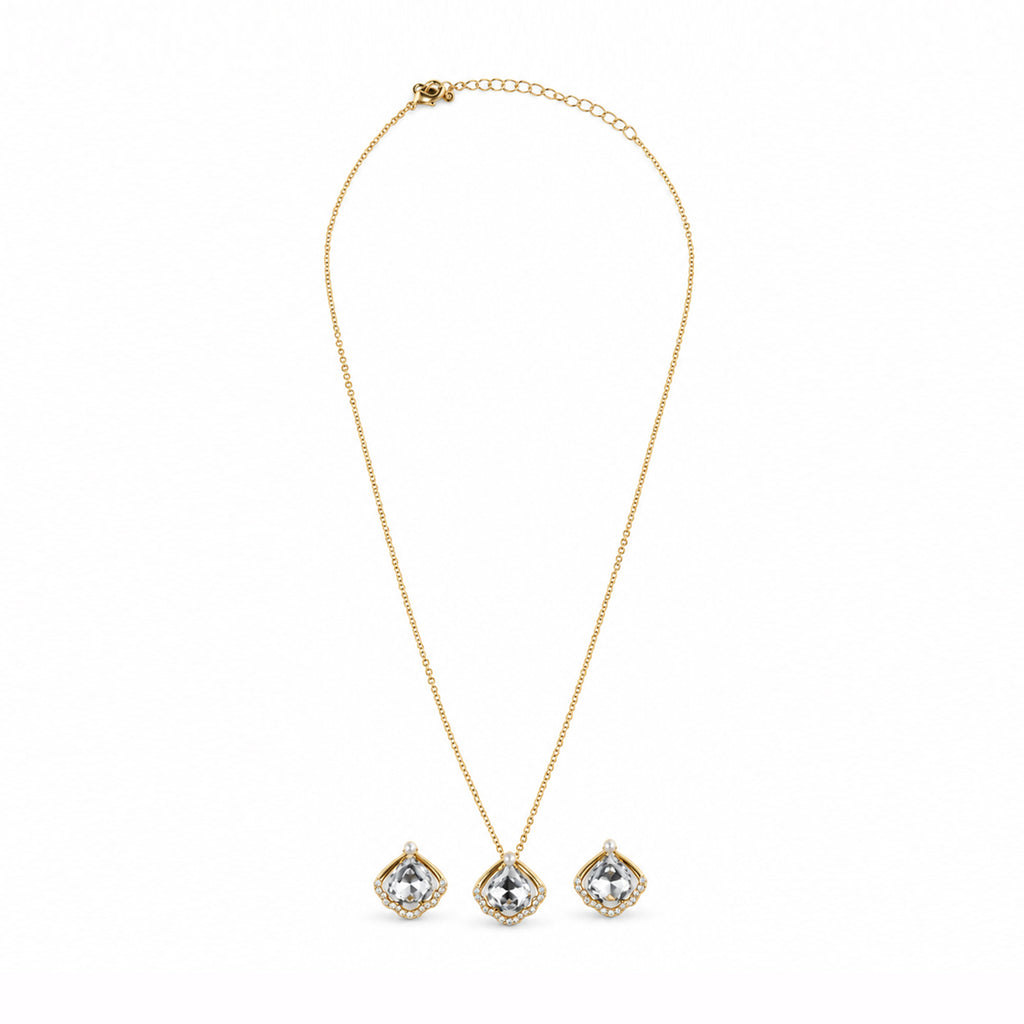 Gold-Toned White Stone-Studded Pendant Necklace