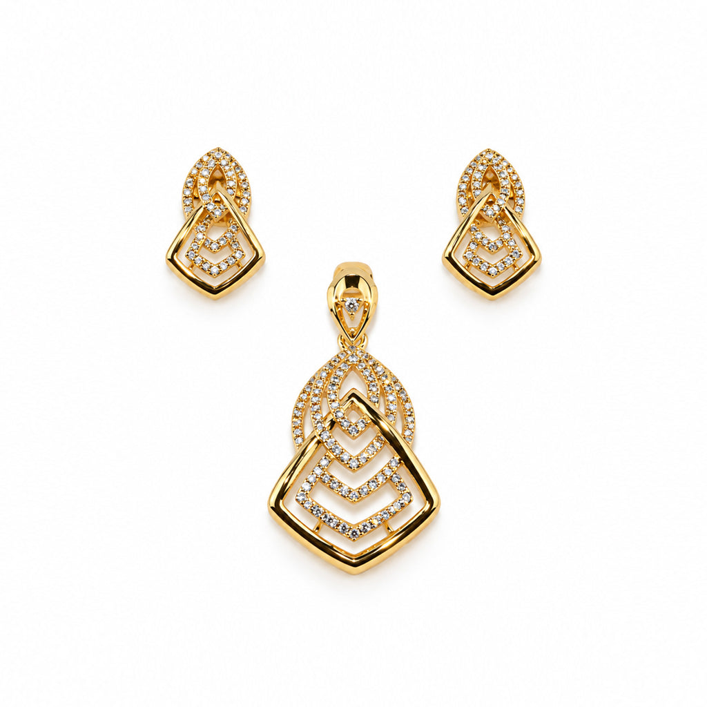 Gold-Toned Geometric Crystal-Studded Pendant & Earrings Set