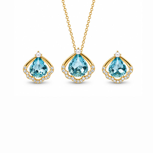 Women's Gold-Toned Blue Teardrop Stone-Studded Pendant Necklace & Earrings Jewellery Set
