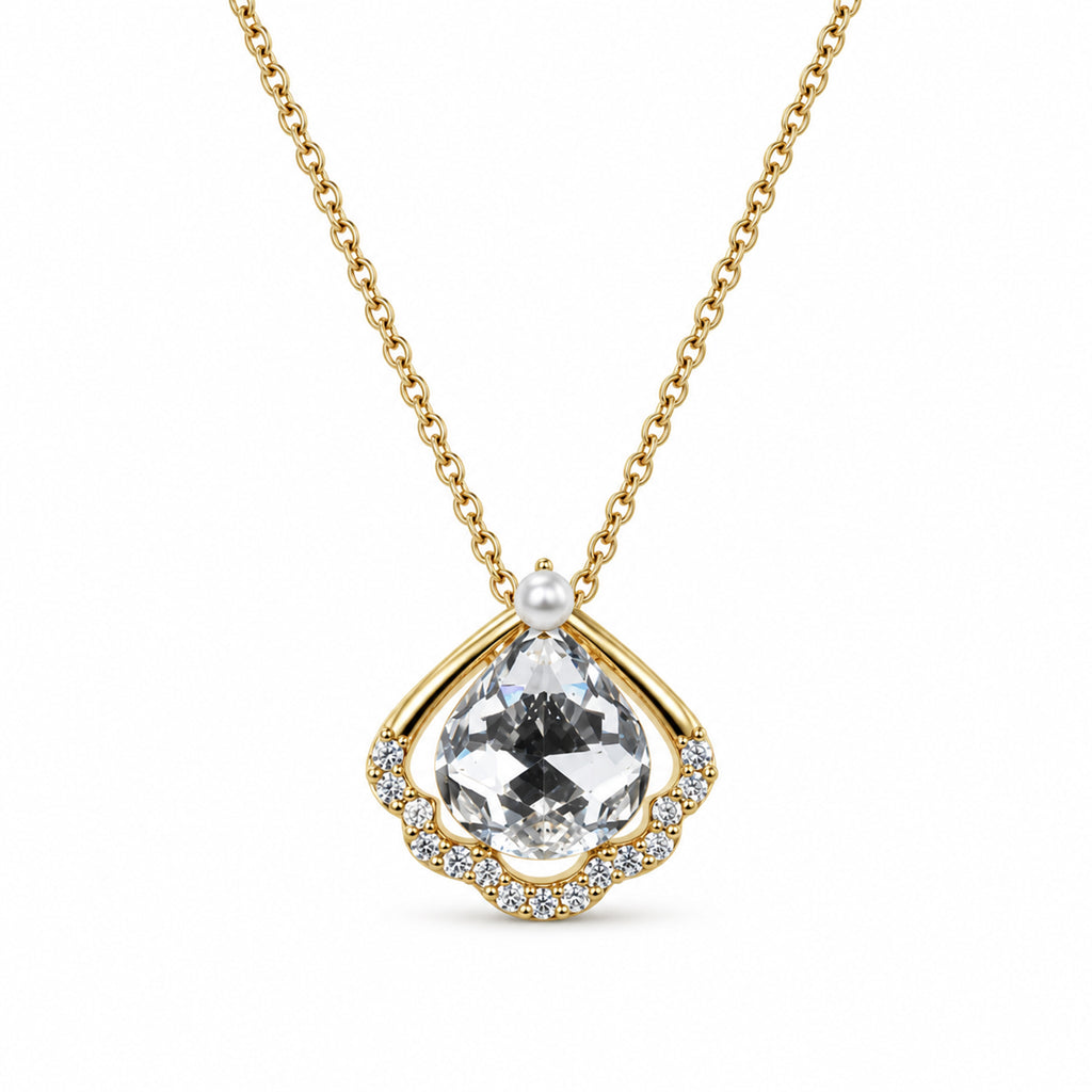 Gold-Toned White Stone-Studded Pendant Necklace