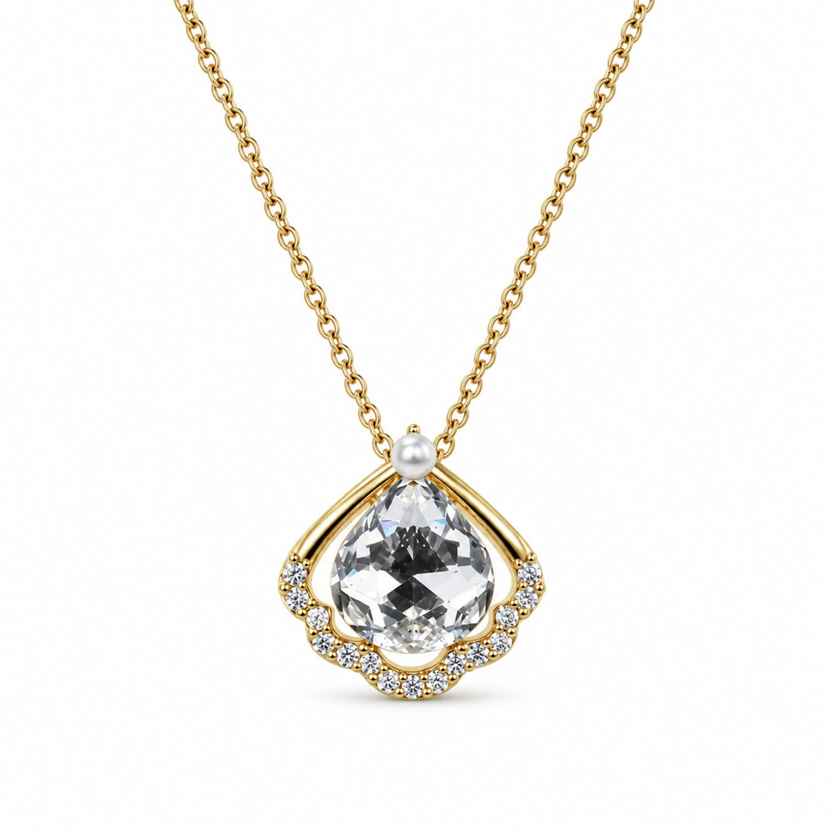 Gold-Toned White Stone-Studded Pendant Necklace