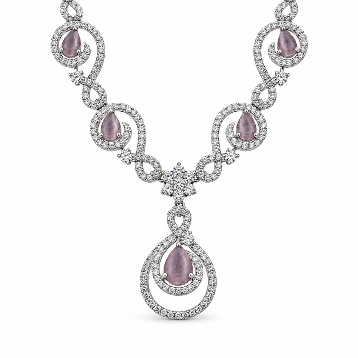 Women's Elegant Silver-Toned Pink Stone- Necklace
