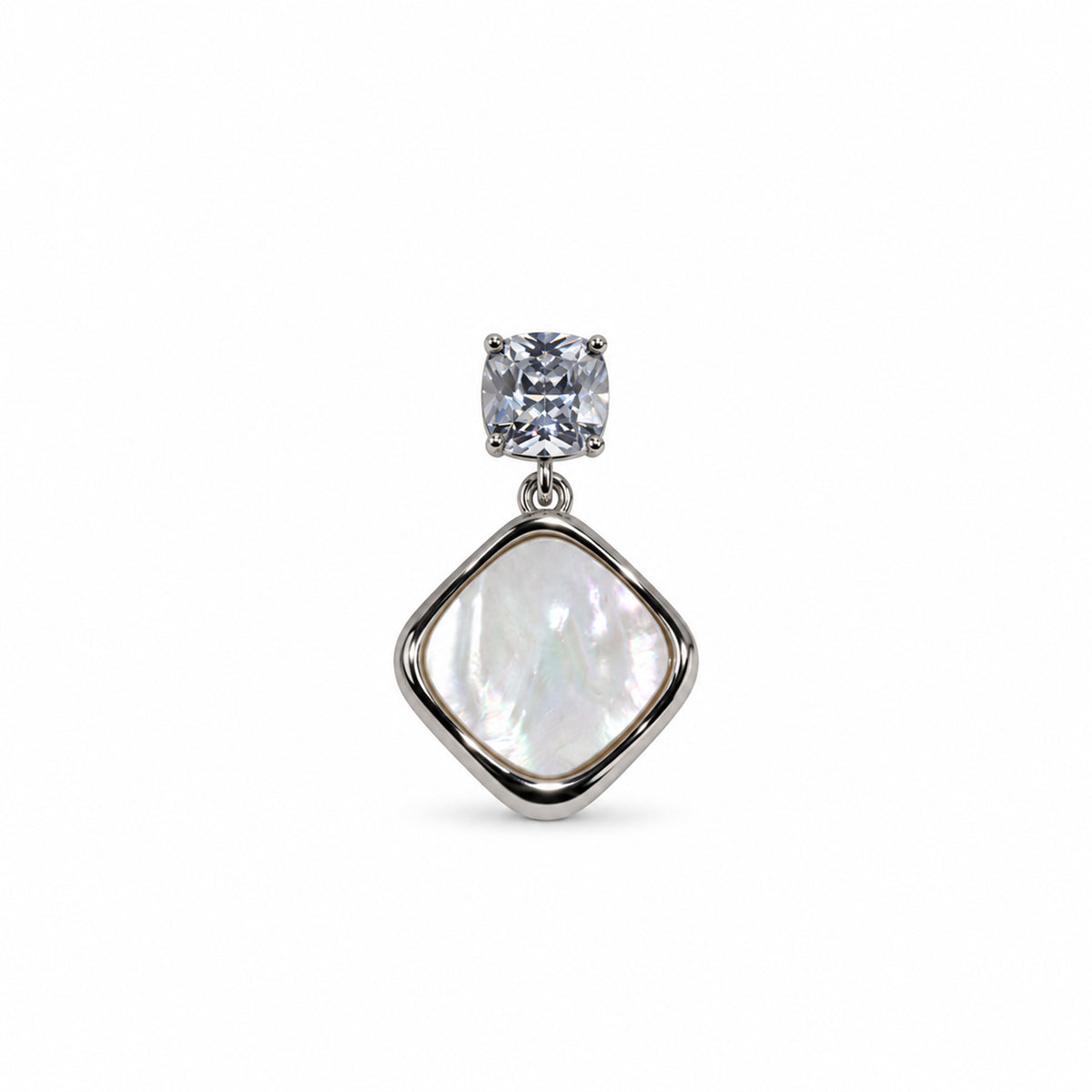 Silver-Toned Crystal Studded Mother of Pearl Look Geometric Drop Earrings