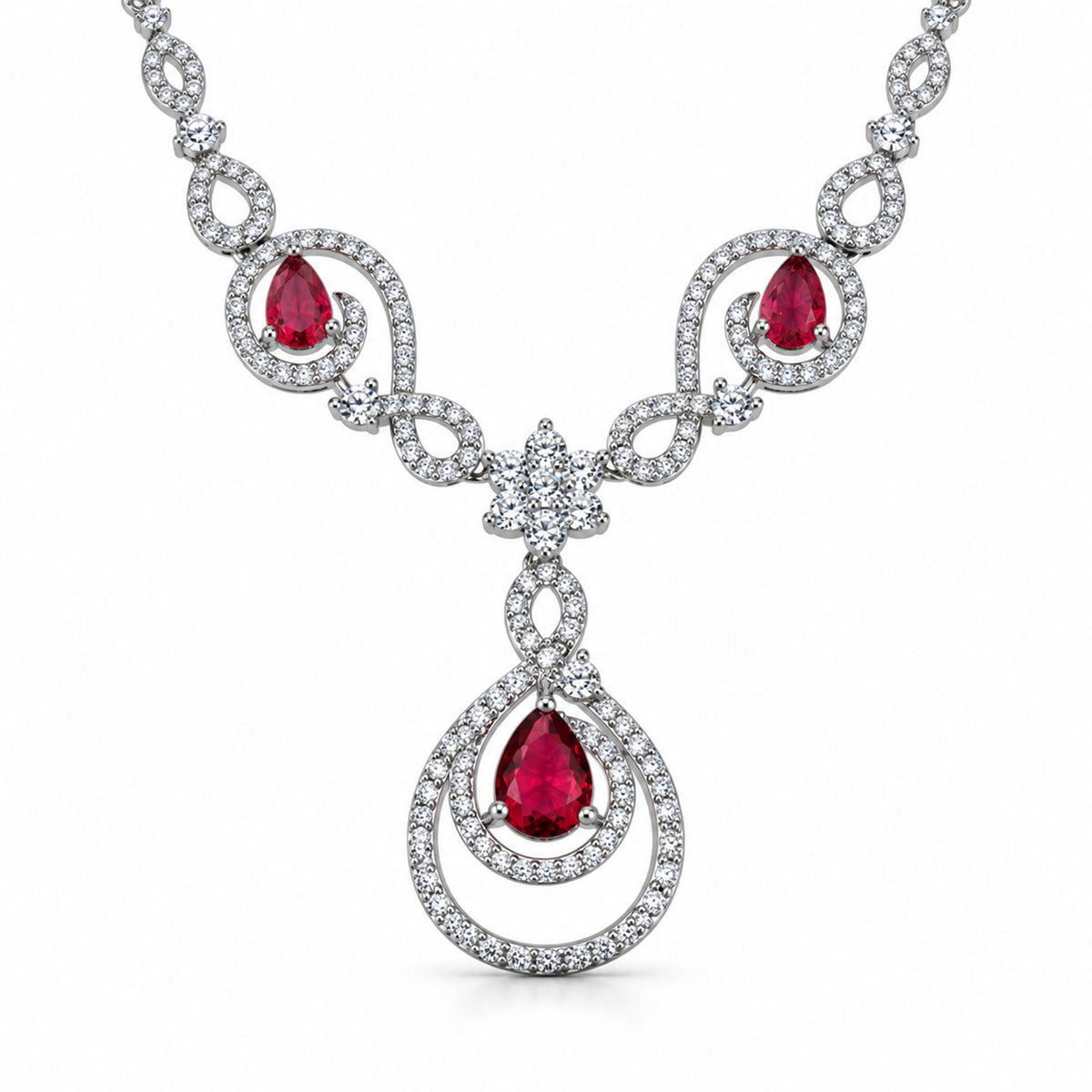 Silver-Toned Ruby Red Stone-Studded Necklace