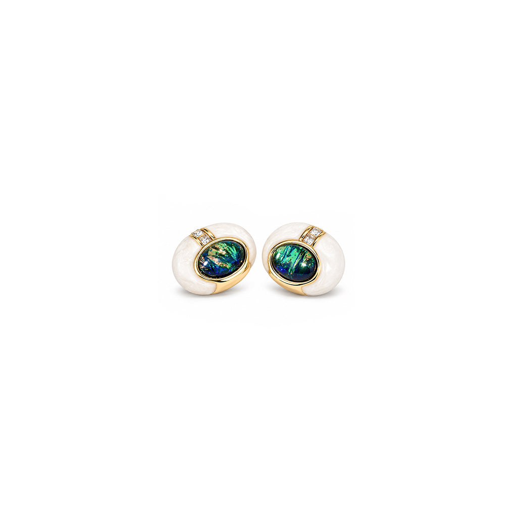 Women's Gold-Toned Multicoloured Oval Stone-Studded Pearl-Effect Statement Stud Earrings
