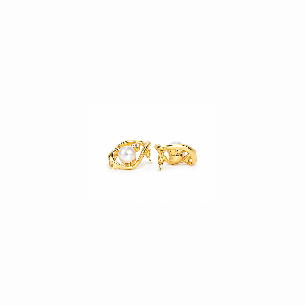 GOLD PLATED PEARL GEOMETRIC STUD EARRINGS