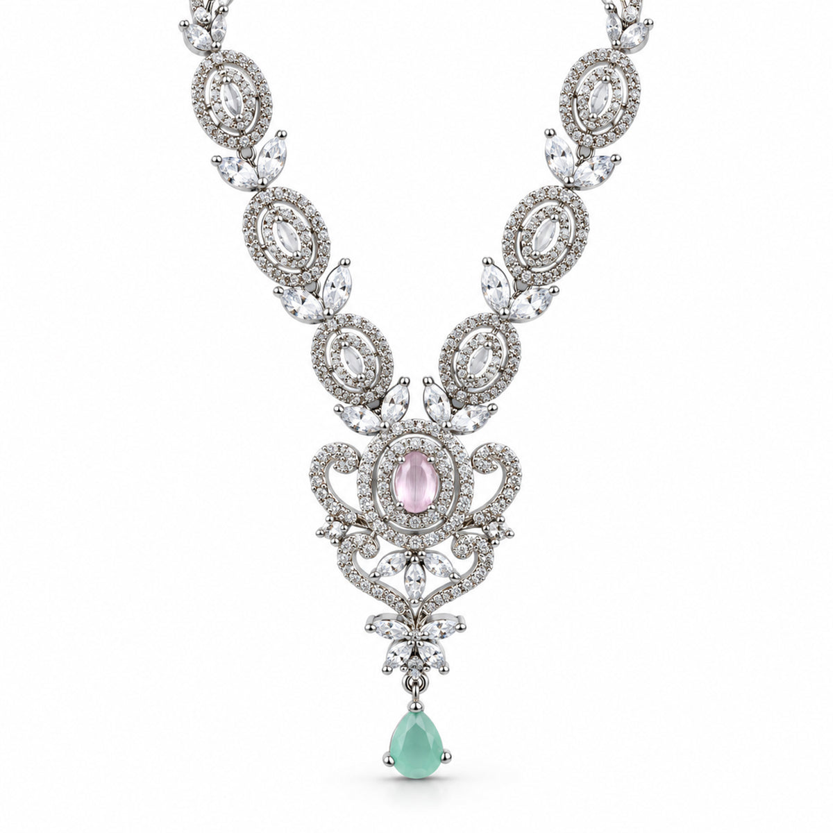 Silver-Toned Pink & Green Stone-Studded Necklace