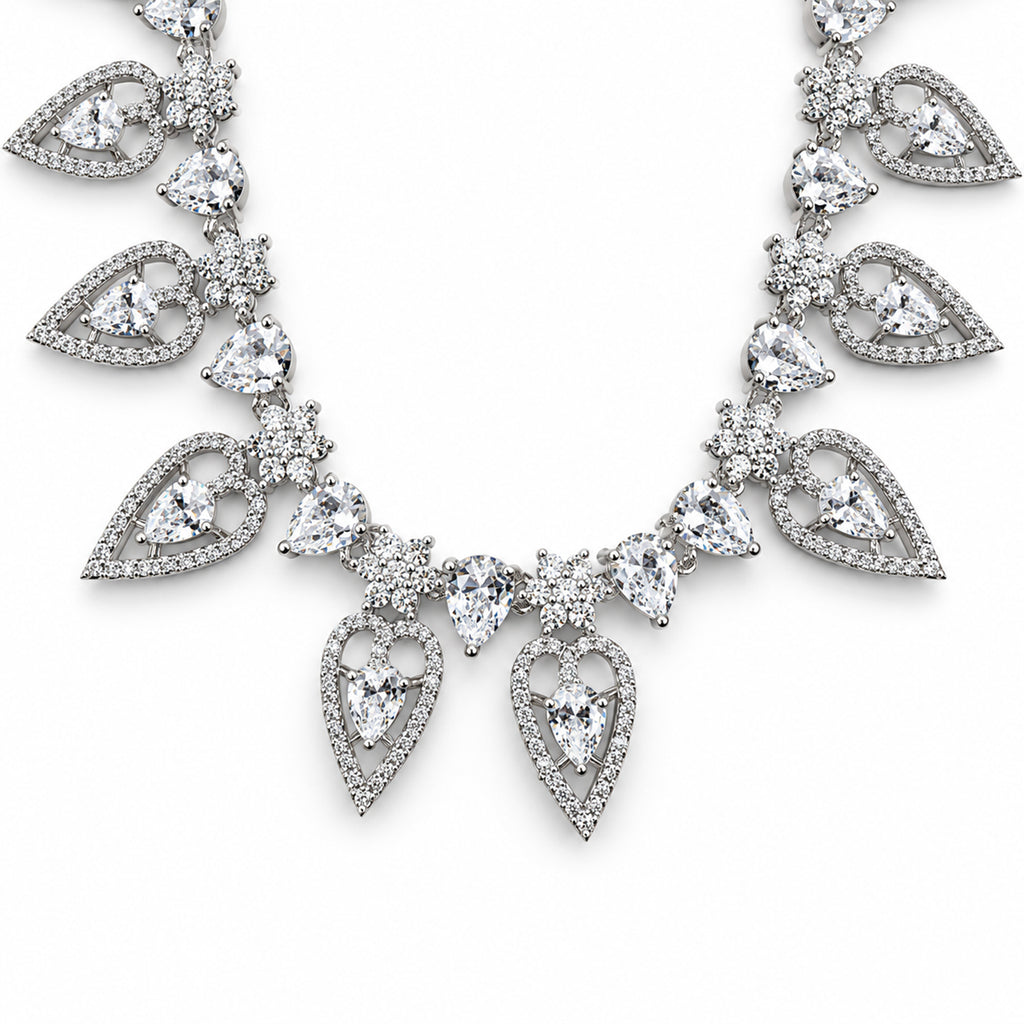 Silver-Toned American Diamond Leaf Drop Necklace
