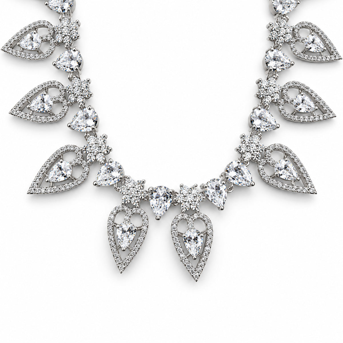 Silver-Toned American Diamond Leaf Drop Necklace