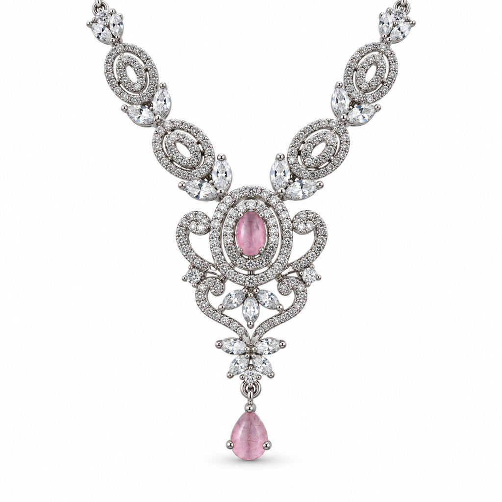 Women's Elegant Silver-Toned Pink  Necklace