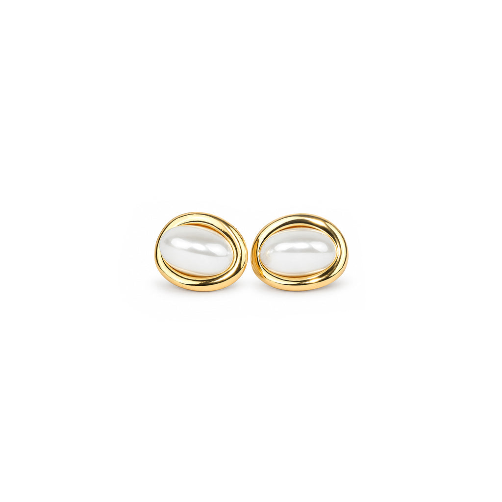 Women's Gold-Toned Oval White Pearl-Effect Statement Stud Earrings