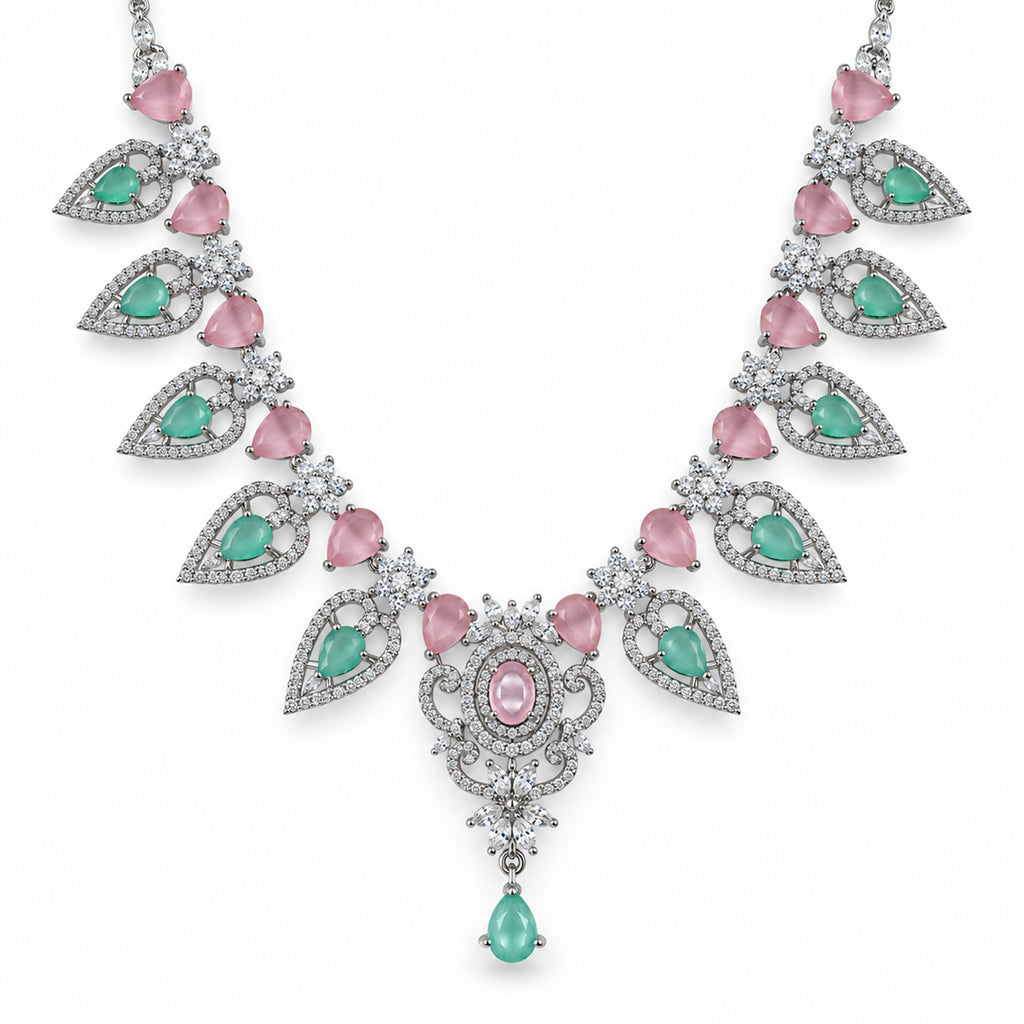 Silver-Toned Pink & Green Stone-Studded Leaf Design Necklace