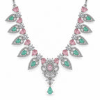 Silver-Toned Pink & Green Stone-Studded Leaf Design Necklace