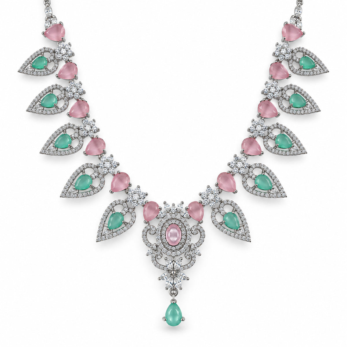 Silver-Toned Pink & Green Stone-Studded Leaf Design Necklace