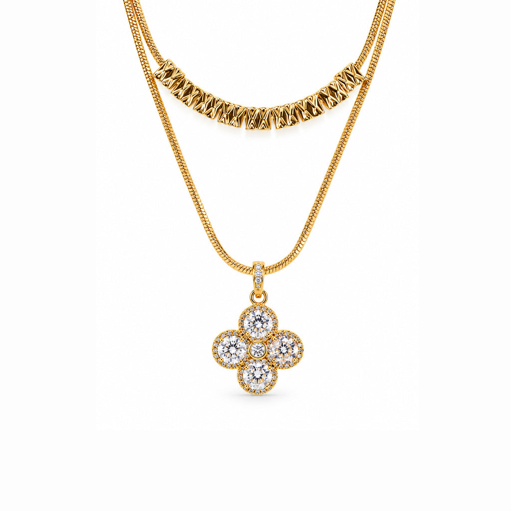 Women's Gold-Toned Double-Layered White Stone-Studded Floral Pendant Necklace