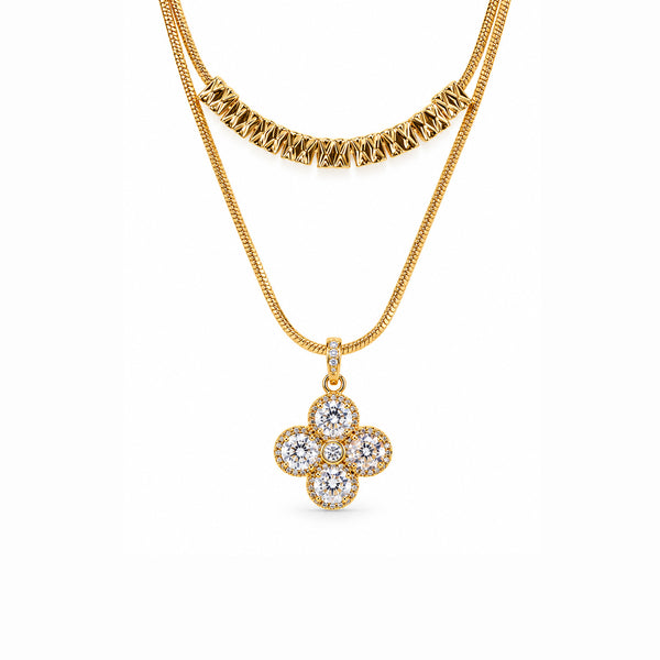 Women's Gold-Toned Double-Layered White Stone-Studded Floral Pendant Necklace